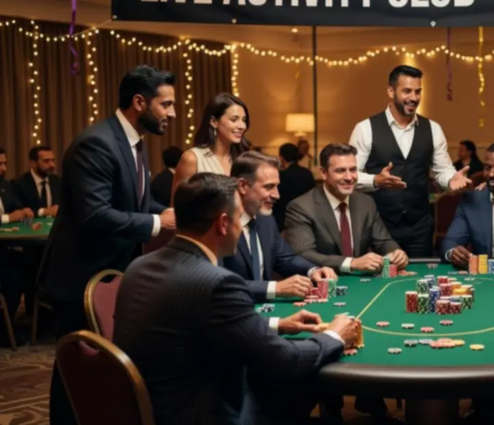 Goście bawiący się przy stołach pokerowych podczas eventu