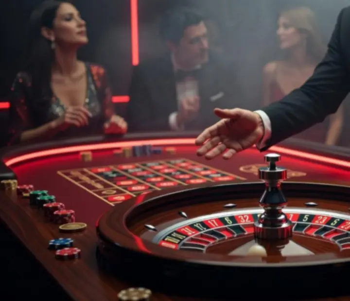 Krupier prowadzący ruletkę przy profesjonalnym stole eventowym